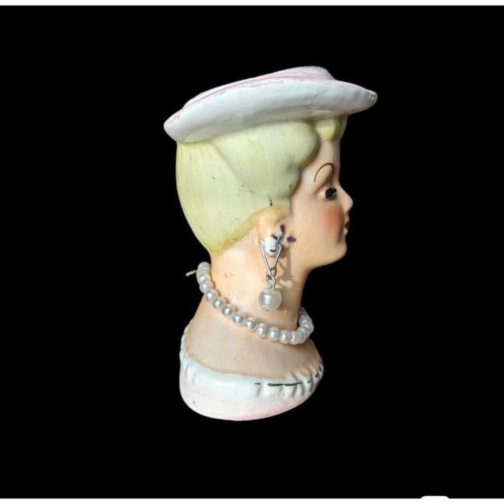 Vintage '50s Japan MINI Lady Head Vase Pearl Earrings - Picture 4 of 11